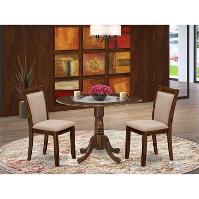 East West Furniture 3-Piece Dining Room Set Consists of a Pedestal Table with Drop Leaves & 2 Light Tan Linen Fabric Dining Chairs - Antique Walnut
