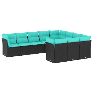 vidaXL 10 Piece Patio Sofa Set with Cushions - Black Poly Rattan Outdoor Furniture, Modular, Weather-Resistant, Includes Center and Corner Seats - 1 of 4