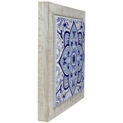 Blue and White Floral Tile Wall Decor with Rustic Wood Frame