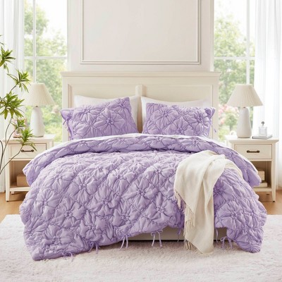 Kumasinova 2/3 PCS Twin Textured Floral Comforter Set with Bow Tie Accents,Soft Brushed Microfiber Bedding Set with Comforter & Sham,Machine Washable