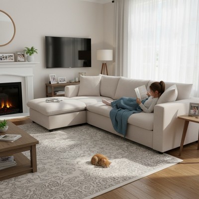 Whisen Modern L-shaped Sectional Sofa Set with Convertible Ottoman and 2 pillows, Minimalist Style Couch Set