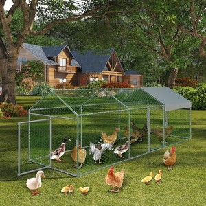 Large Metal Chicken Coop, Walk-in Chicken Runs with Waterproof and Anti-UV Cover, Spire Roof Hen House for Outdoor and Backyard, Farm - 1 of 4