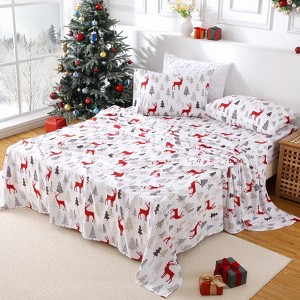 Christmas Sheet Set, 85gsm Brushed Polyester with Deer Digital Print, 16 in Deep Pocket Fitted Sheet Winter Holiday Sheets Set - 1 of 4