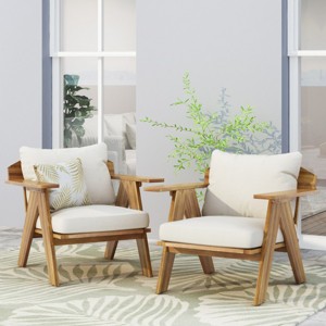 Coolbibila Acacia Wood Patio Club Chairs Set Of 2,Ourdoor Fabric Upholstered Patio Garden Arm Chair With Cushions And Open Slat Backrest - 1 of 4