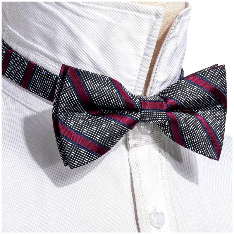 Men's Burgundy And Black Striped 100% Silk Pre-Tied adjustable Bow Tie Pocket Square Cufflinks Set, 4 of 5