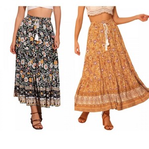INSPIRE CHIC Women's Summer Floral Boho Tassels Elastic Waist Casual Maxi Skirts 2 Packs - 1 of 4