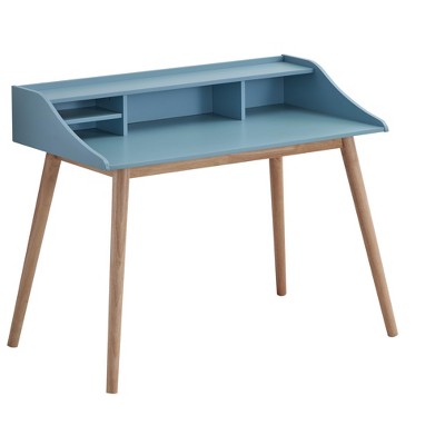Vynxaria Mid-Century Modern Wood Writing Desk with Hutch - Blue, 4 Open Shelves, Rounded Angled Legs, 43.3"W x 24.5"D x 36.8"H