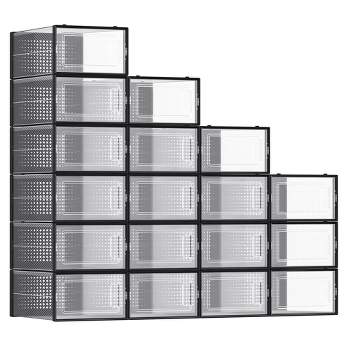 SONGMICS Shoe Boxes - Set of 18 Stackable and Foldable Organizers - Transparent and Black - Fit up to US Size 11