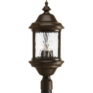 Progress Lighting, Ashmore Collection, 3-Light Post Lantern, Antique Bronze, Water Seeded Glass Shade - 1 of 3