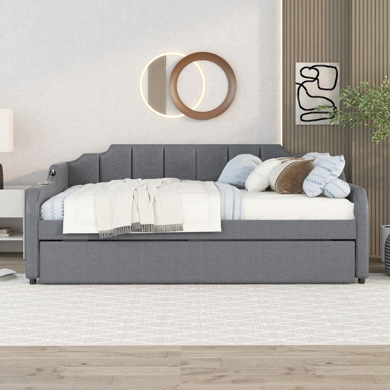 Full Size Upholstery Daybed with Adjustable Trundle Bed and USB Port, Gray-ModernLuxe, 3 of 12