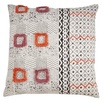 Saro Lifestyle Block Print Embroidered Pillow - Down Filled, 22" Square, Coral