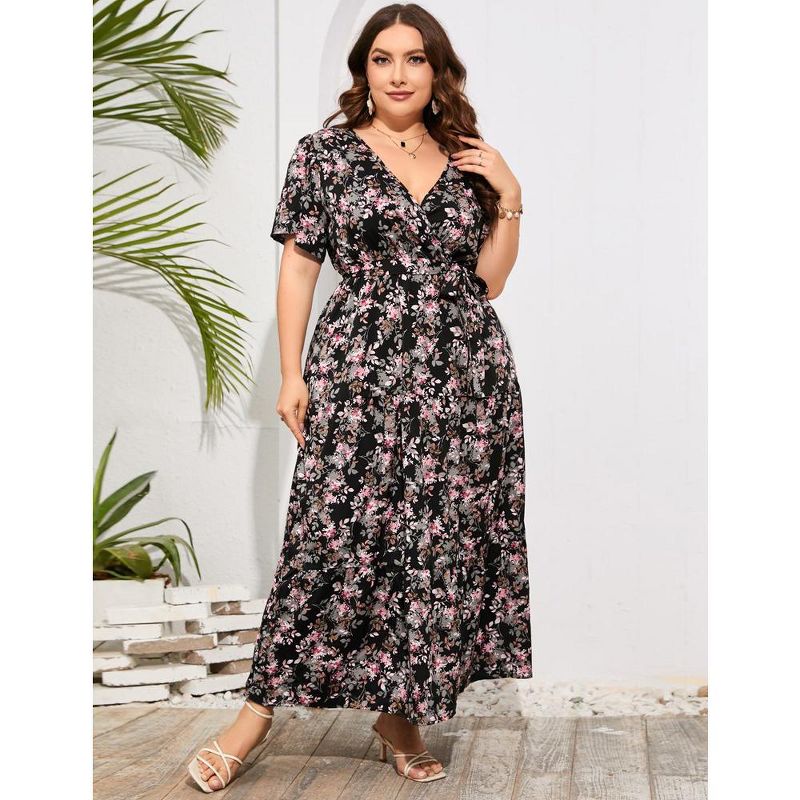Whizmax Womens Plus Size V Neck Wrap Maxi Dress High Waist Ruffle Summer Casual Dress with Belt, 5 of 8