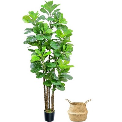 LOVMOR 7ft Artificial Fiddle Leaf Fig Tree with Woven Seagrass Plant Basket, Fake Tree Indoor Faux Plant for Living Room Office Floor Home Decor