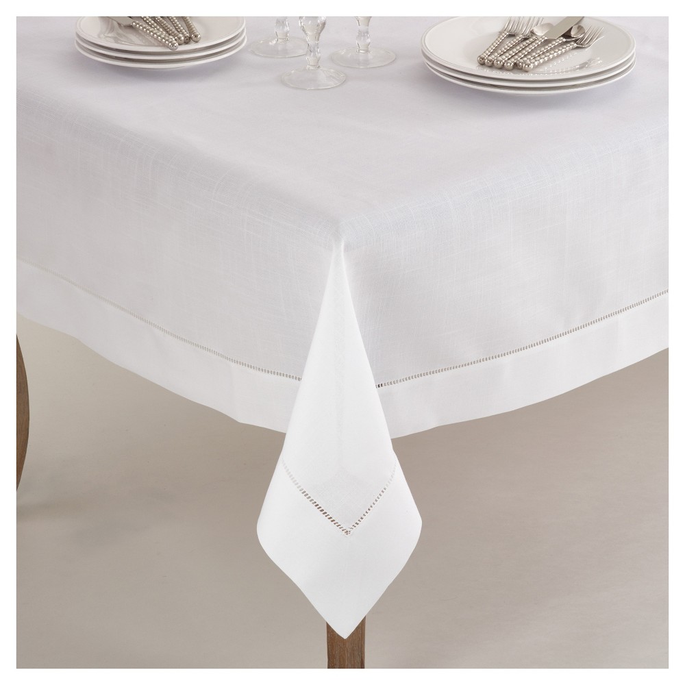 Photos - Tablecloth / Napkin 84" Hemstitch Border Design Tablecloth White - Saro Lifestyle