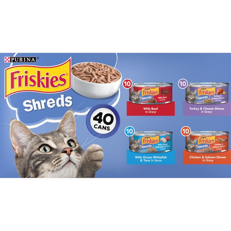 Friskies Shreds In Gravy with Chicken, Beef, Salmon, Turkey, Fish and Seafood Flavor Wet Cat Food Variety Pack - 5.5oz/40ct, 1 of 4