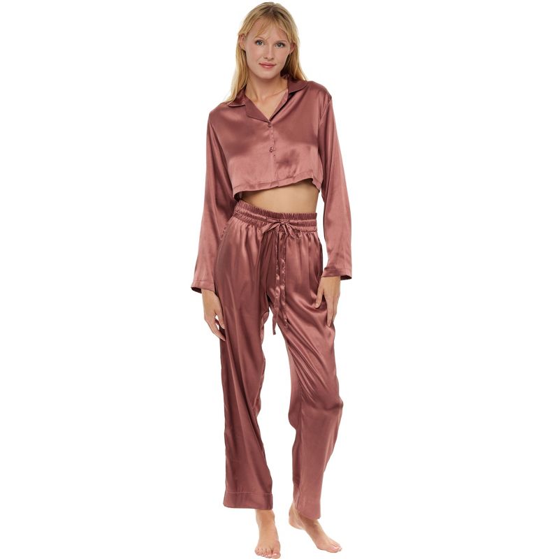 Women's Crop Top Satin Pajamas Lounge Set, Long Sleeve Top and Pants with Pockets, Silk like PJs, 1 of 4