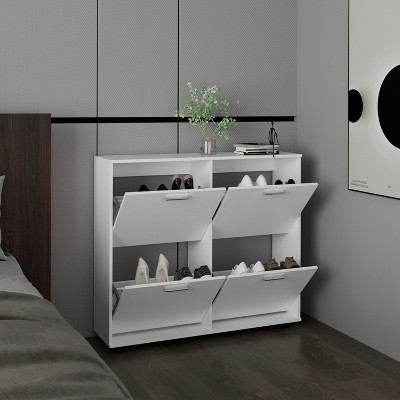 Vynxaria Modern Shoe Rack, 4-Door, 4-Shelf, White, H 38" x W 43.3" x D 11.8"