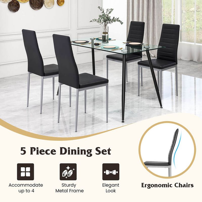 Tangkula 5 PCS 51" Rectangle Dining Set 0.3" Thick Glass Table w/ 4 Padded Dining Chairs, 5 of 8