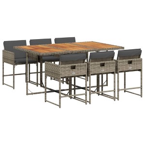 vidaXL 7 Piece Patio Dining Set - Gray Poly Rattan Garden Furniture with Cushions and Acacia Wood Tabletop for Outdoor, Backyard, or Patio - 1 of 4