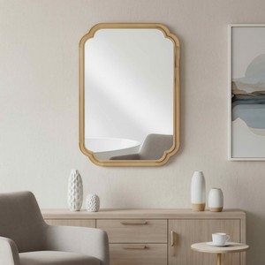 MAYEERTY 20" x 30" Solid Wood Frame Rounded Corner Decorative Mirror for Bedroom Bathroom Living Room Natural Wood - 1 of 4
