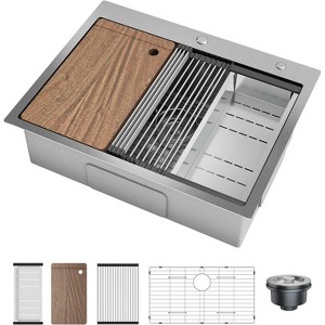 24x18 Inch Drop In Kitchen Sink, Stainless Steel Kitchen Single Bowl Sinks, Top Mount Workstation Sink, 2 Piece Set, with Pull-Down Faucet, Silver - 1 of 4