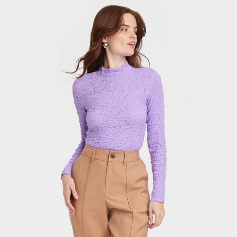 Women\'s Long Sleeve Target Slim A Mock T-shirt New L - Lavender : Turtleneck Fit Day™