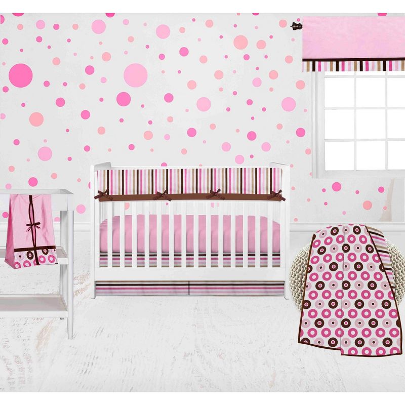 Bacati - Mod Dots Stripes Pink Fuschia Beige Chocolate 6 pc Crib Bedding Set with Long Rail Guard Cover, 2 of 10