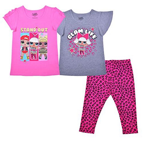 Girl's LOL Surprise 3 Piece Casual Wear, Ruffled Short Sleeve Printed Tee  Shirts and Leggings Set - Gray, Pink, Leopard Pink / Size 4