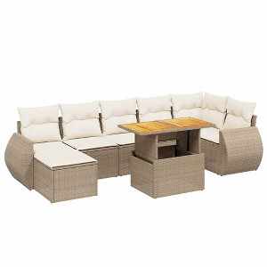 vidaXL Patio Sofa Set with Cushions Outdoor Furniture 8 Piece Poly Rattan - Beige and Cream 3x Middle 3x Corner Footrest Table - 1 of 4