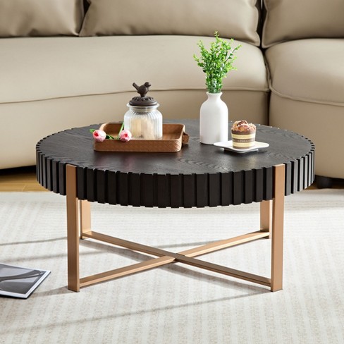 31.49 W Modern Handcraft Drum Coffee Table Round Coffee Table with Sturdy Metal Pedestal Matt Black 4Q ModernLuxe