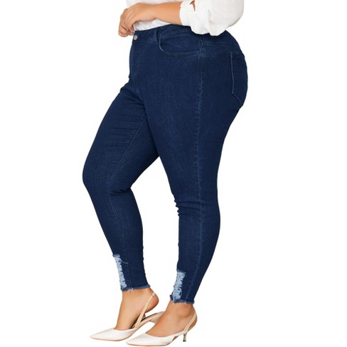 Unique Bargains Women's Plus Capri Frayed Hem Casual Denim Jeans