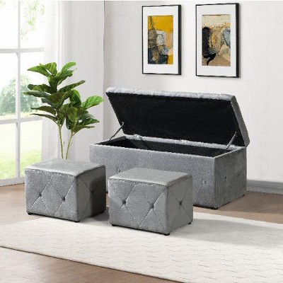 CAVINAS Rectangular Storage Ottoman Bench, Modern Short Velvet Ottoman Foot Rest with 2 Set Ottomans, Bedroom End Bench
