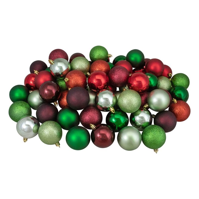 Northlight 60ct Shatterproof 3-Finish Christmas Ball Ornament Set 2.5" - Red/Green, 1 of 6
