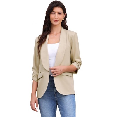 INSPIRE CHIC Women's Work Shawl Collar Ruched 3/4 Sleeves Open Front with Pockets Blazer