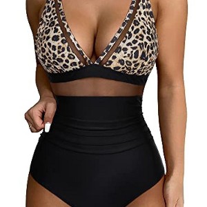 Women One Piece Swimsuits Mesh Tummy Control Swimsuit Push Up High Waisted Swimdress Bathing Suit - 1 of 4