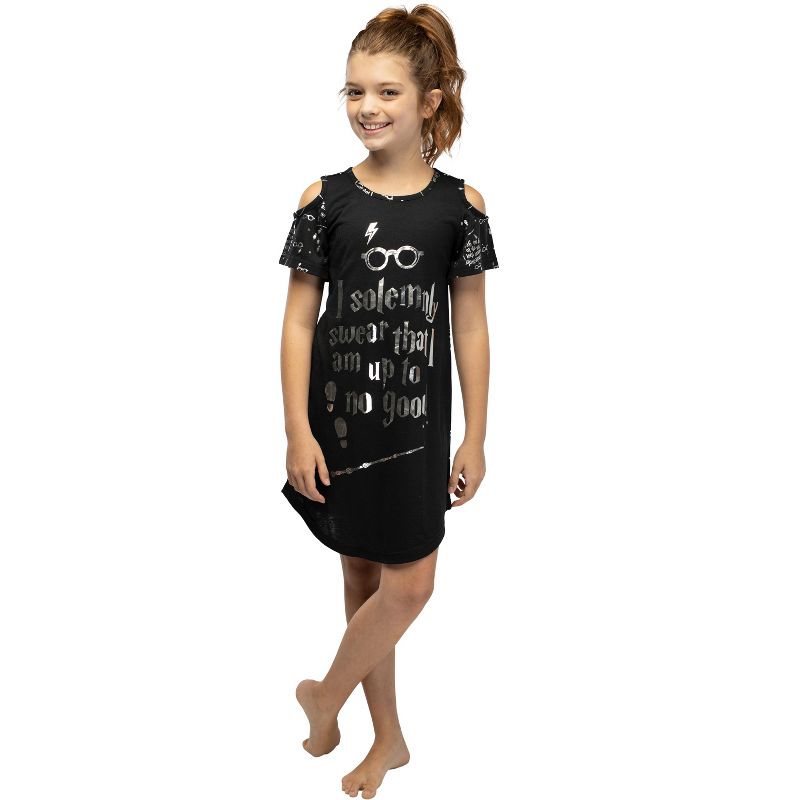 Intimo Big Girls' Harry Potter I Solemnly Swear Shoulder Cut Out Nightgown Black, 3 of 7