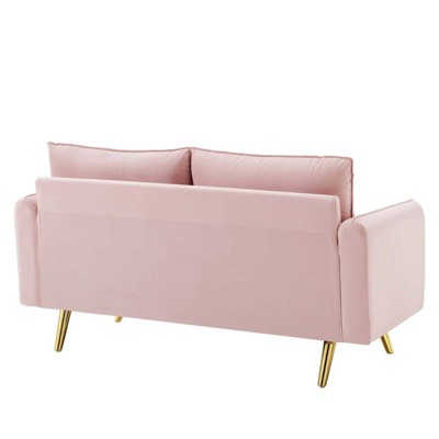 Pink Velvet Loveseat with Gold Legs and Bolster Pillows