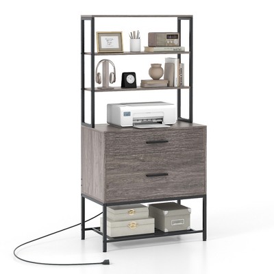 Tangkula File Cabinet w/ Charging Station 3-Tier Open Shelves & Large Drawer Compatible Grey