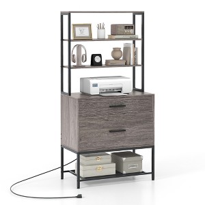 Tangkula File Cabinet w/ Charging Station 3-Tier Open Shelves & Large Drawer Compatible Grey - 1 of 4