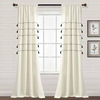 Home Boutique Farmhouse Boho Stripe Woven Tassel Yarn Dyed Cotton Window Curtain Panels Ivory/Black 42x84 Set