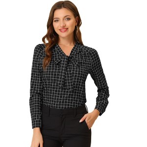 Allegra K Women's Work Elegant Bow Tie Neck Puff Long Sleeve Plaid Shirt - 1 of 4