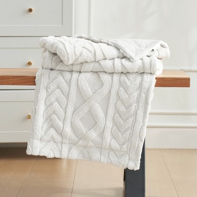 Cozy Bliss Jacquard Cable Knit Throw Blanket Soft Plush Faux Fur Throw Blanket for Couch Sofa Bed Living Room Bedroom