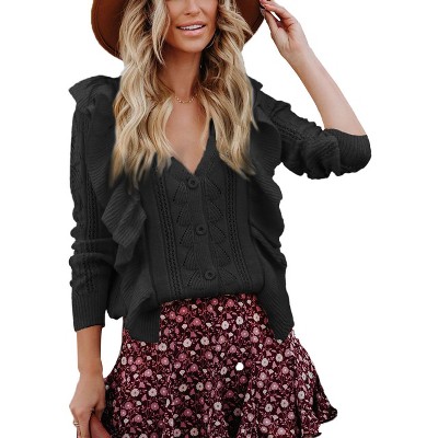 Womens V Neck Button Down Sweaters Tops Casual Long Sleeve Ruffle Knit Cardigan Sweater Outwear