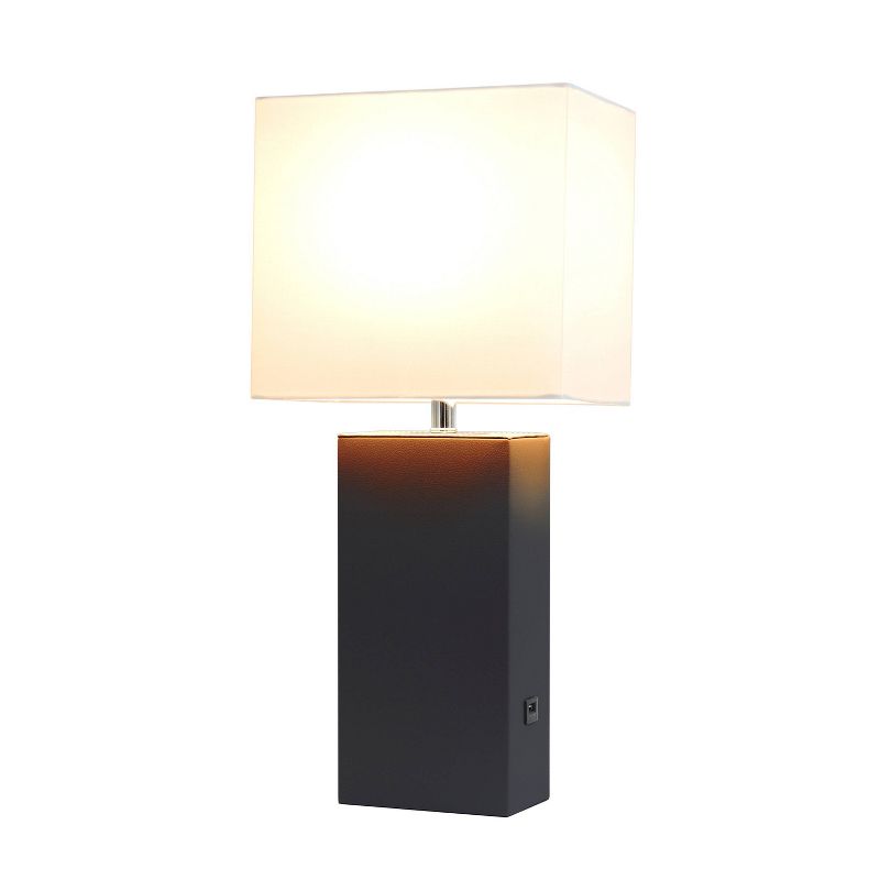 21" Lexington Leather Base Modern Home Decor Bedside Table Lamp with USB Charging Port and Fabric Shade - Lalia Home, 3 of 12