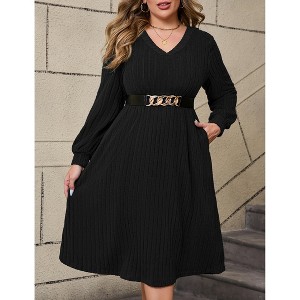 Women's V-Neck Batwing Sleeve Sweater Dress with Elastic Waist Belt - 1 of 4