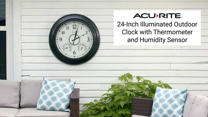 24" Metal Outdoor / Indoor Wall Clock with Illuminated Face, Thermometer and Humidity - Bronze Finish  - Acurite, 6 of 7, play video