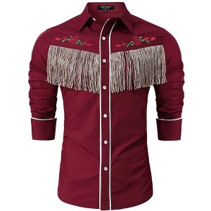 Clearlove Men’s Western Slim Fit Denim Shirt with Long Sleeves, Fringe Detailing, and Rose Embroidery - 1 of 4