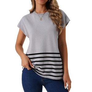 INSPIRE CHIC Women's Round Neck Striped Casual Batwing Cap Sleeve Ribbed Knit Pullover Sweater Tops - 1 of 4