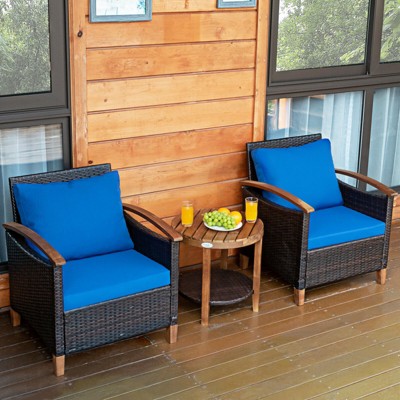 Tangkula 3-Piece Patio Rattan Bistro Set Acacia Wood Frame Sofa and Side Table