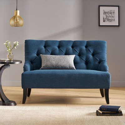 TiramisuBest Navy Blue Upholstered Settee, Button Tufted Loveseat with Wood Legs, Compact Sofa Bench for Small Spaces, Bedroom or Entryway